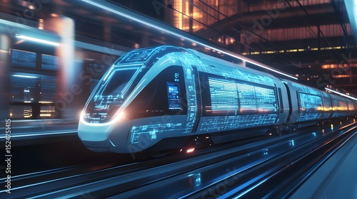 futuristic metro train controlled by AI interface, 3D cutaway,