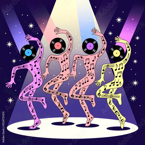 Three vinyl record dancers performing on stage