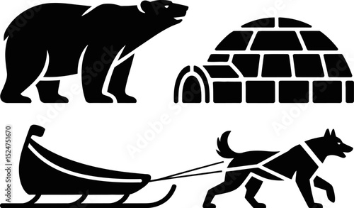 Arctic animal vector illustration with polar bear igloo dog sled design isolated on white background editable stock vector illustration