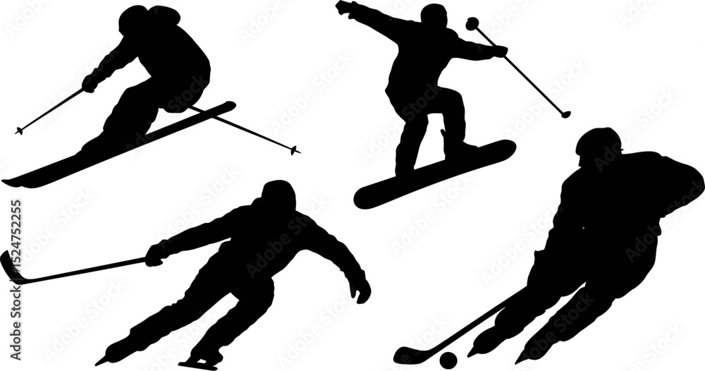 Fototapeta premium Winter sports silhouette collection skiing snowboarding hockey vector illustration isolated design 100 editable stock vector illustration