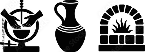 Pottery making process illustration with wheel jug and oven vector design for ceramic art concept editable stock vector illustration
