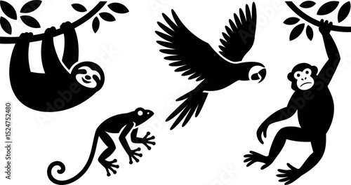 Vector art of rainforest animals sloth monkey parrot and lizard silhouette illustration design isolated set editable stock vector illustration