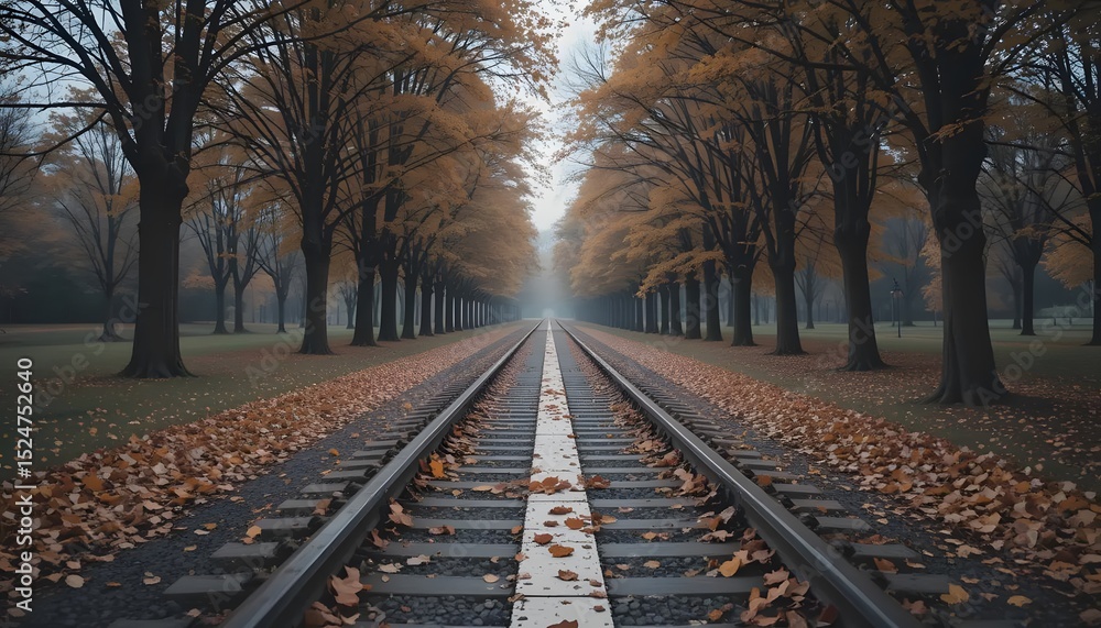 Fototapeta premium Railway tracks through autumn park with fall foliage and trees