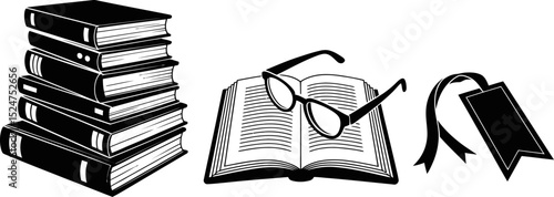 Books stack reading glasses bookmark education literature study knowledge learning library 100charact editable stock vector illustration