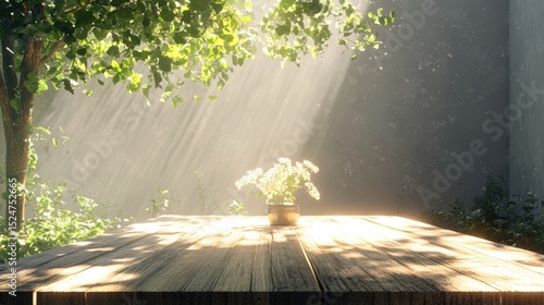 Wood dining table landscape with sunlight