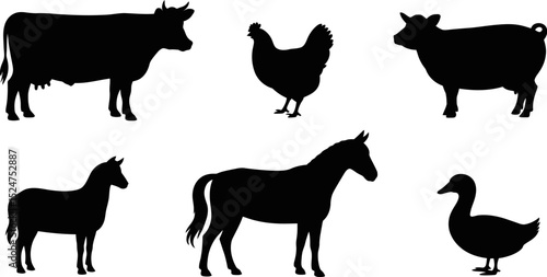 Silhouettes of farm animals including cow chicken sheep horse and duck