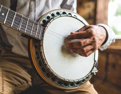 Close-Up of Hand Playing a Wooden Banjo with Rustic Background

