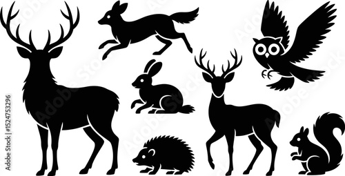 Silhouette illustration of various forest animals in black and white style
