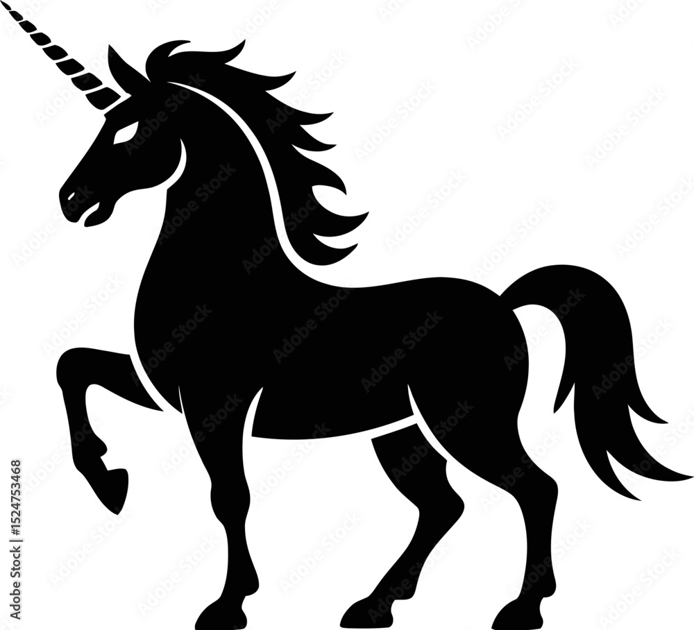 Silhouette of a black unicorn with a horn on a white background image Silhouette of a black unicorn with a horn on a white background image