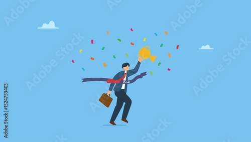 Businessman running reach finish line with trophy in hand. Symbolizes success winning businessman, achievement, succeed performance or business victory, career success, goal or target accomplishment.