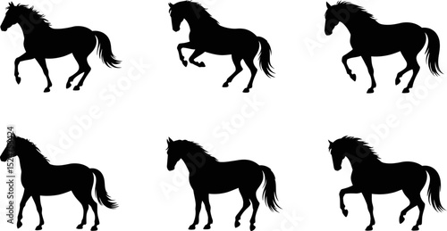 Six horse silhouettes in various poses against a light gray background
