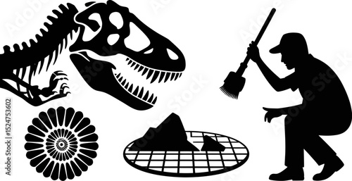 Dinosaur excavation fossil discovery paleontology archeology t rex skeleton fossilized remains dig site find editable stock vector illustration