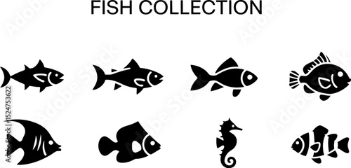 A collection of eight different black fish and sea creature icons set