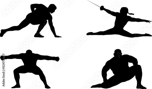 Silhouette poses of martial arts fighters stretching and training for combat sports and self defense editable stock vector illustration