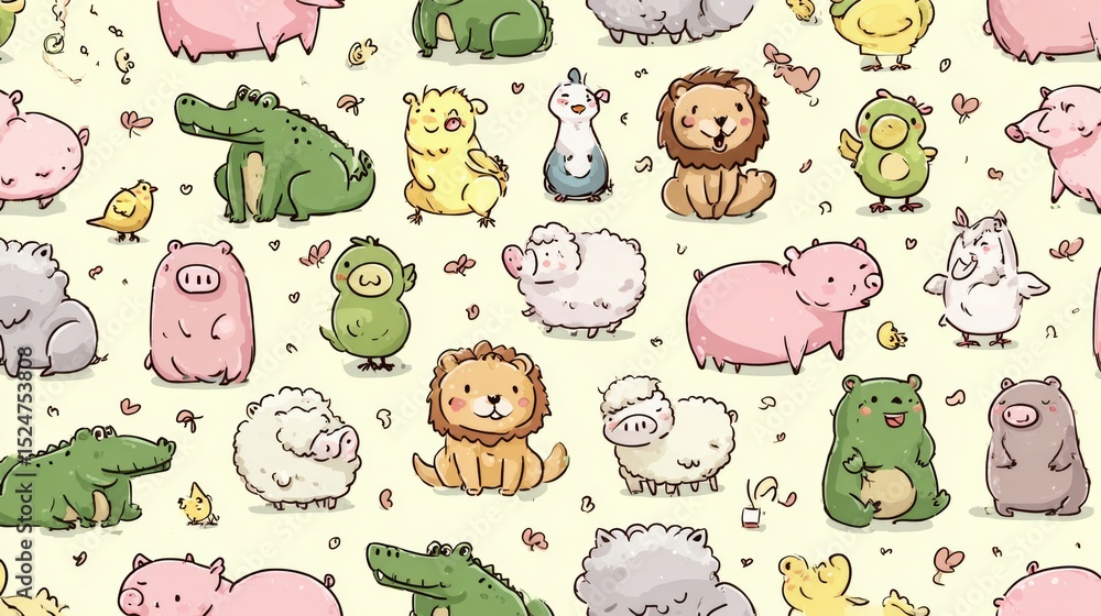 Obraz premium Repeat.Seamless pattern of cute animals in various poses and greeting background.Wild animal. Crocodile,lion,chick,sheep,parrot,bear,pig hand drawn.Kawaii.Vector.Illustration.