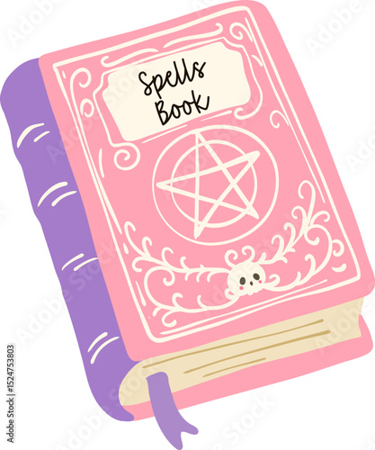 Cute Pink Spell Book Illustration, Kawaii Magic Grimoire Clipart

