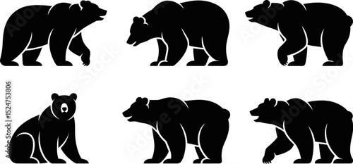 Illustration of six black bear silhouettes in various poses on white background