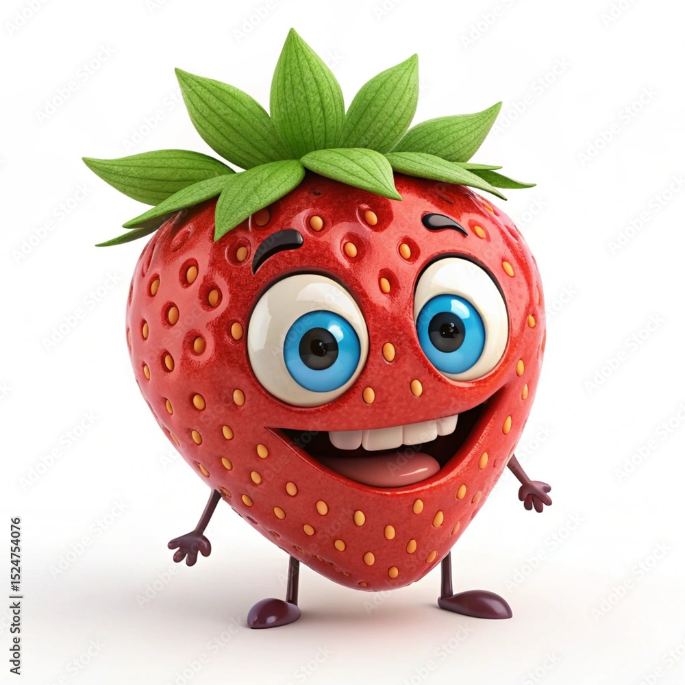 Obraz premium Cheerful Strawberry Cartoon Character with Big Eyes on a White Background