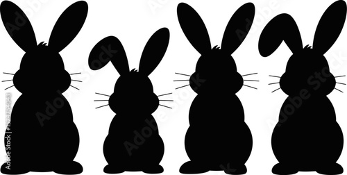 Four black bunny silhouettes standing in a row on a white background