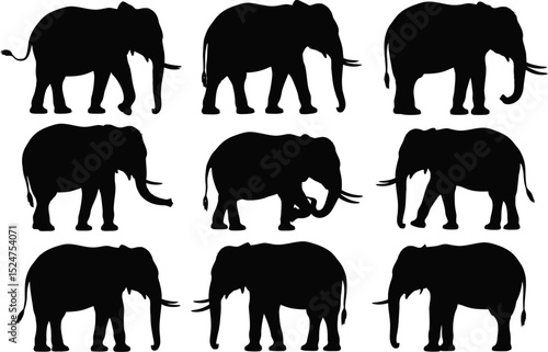 Nine black elephant silhouettes arranged in a three by three grid pattern