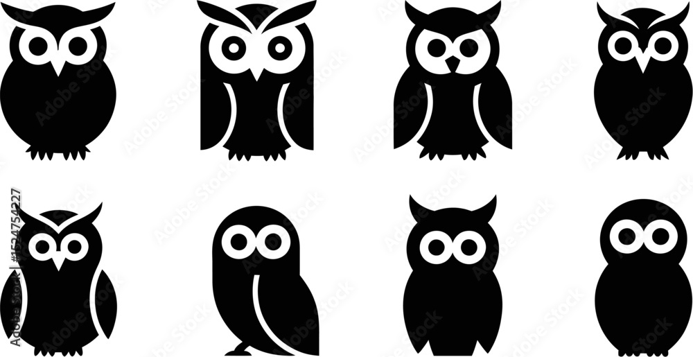 Fototapeta premium Collection of eight stylized owl icons in black on a white background