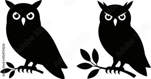 Two black owl silhouettes perched on branches against a white background