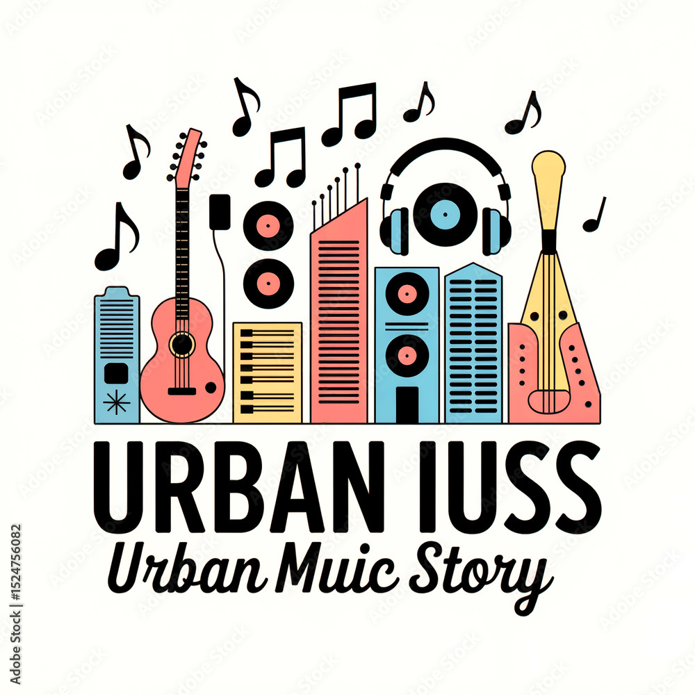 Obraz premium Urban music story logo design with instruments and cityscape