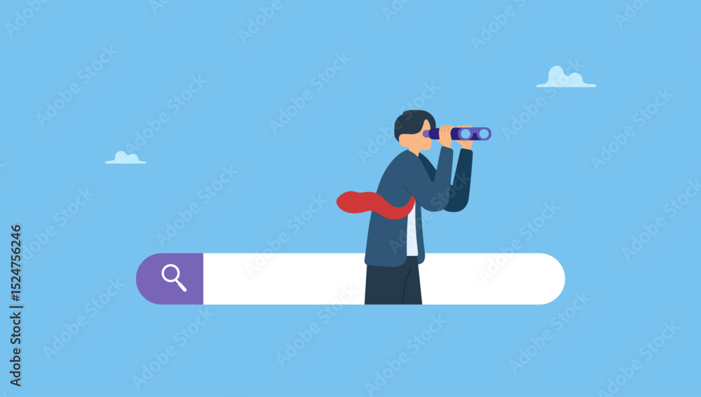 Fototapeta premium Businessman with spyglass or binoculars on search bar. Search and discovery career or job opportunity, looking for job vacancy, marketing insight, find new success, research or observation.