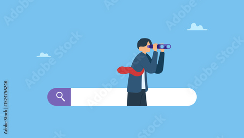 Businessman with spyglass or binoculars on search bar. Search and discovery career or job opportunity, looking for job vacancy, marketing insight, find new success, research or observation.