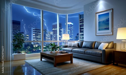 Lightning strikes over modern city from apartment
