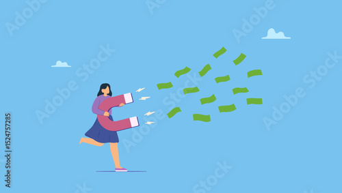 Smart business woman hold high power magnet to draw money banknotes. Passive income or earn more income, power to attract business opportunity, salary raise and earn more profit or increase wealth
