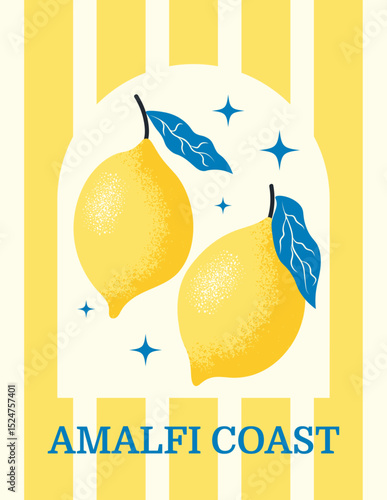 Vibrant summer poster with two lemons and blue leaves on yellow striped background, sparkling stars. Amalfi Coasts citrus charm and sunny Italian vibes. Vector illustration