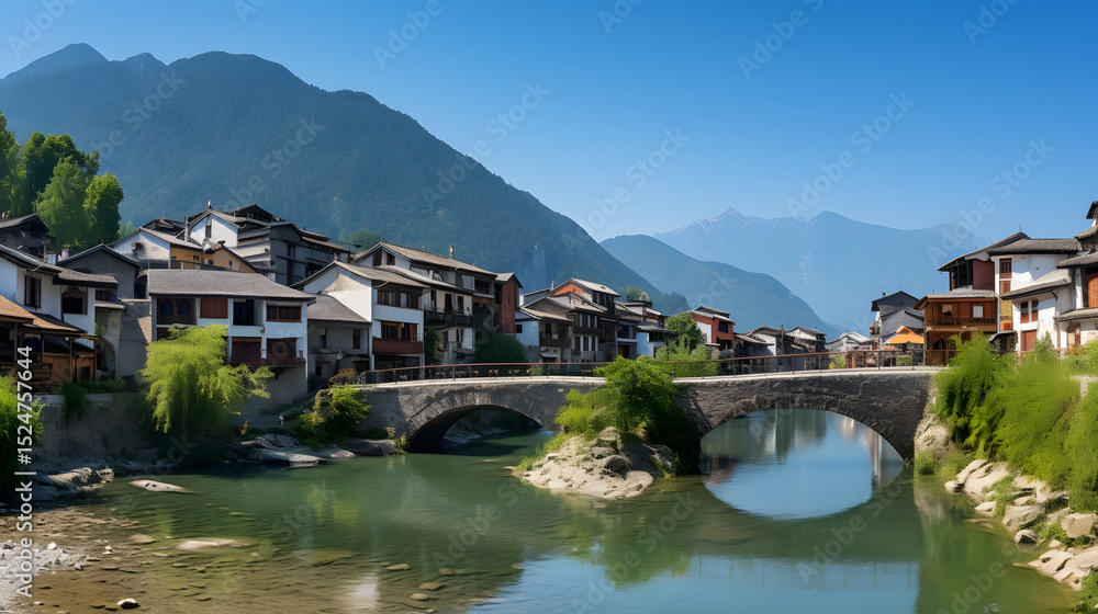 Fototapeta premium Village by River Landscape