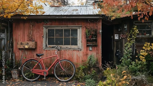 Red Bicycle Leaning Against Weathered Wooden House Facade in Autumn with Fallen Leaves Background under Overcast Sky for Adobe Stock Photo