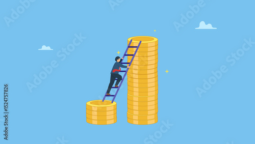 Businessman or investor climbing up ladder from low dollar money stack to the higher one. Wage, income or salary increase, investment profit rising up, wealth management for higher return.