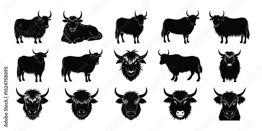 Obraz premium Buffalo Silhouette Collection – Black Vector Farm Animal in Standing and Front Poses