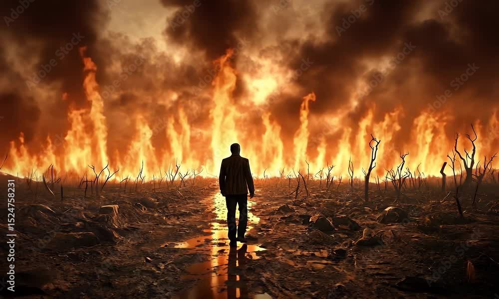 Man walking through burning wasteland alone