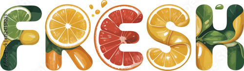 Fresh citrus fruits typography design for healthy food and drink concept with lime orange grapefruit 100 char editable stock vector illustration