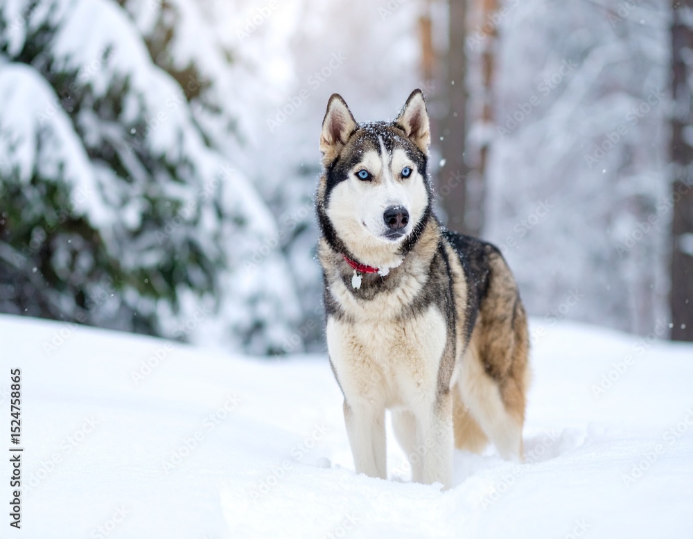 Siberian Husky Standing in Snowy Landscape with Blue Eyes and Fluffy Fur
Siberian Husky Standing in Snowy Landscape with Blue Eyes and Fluffy Fur