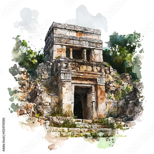 Mayan Ruins, watercolor drawing vector, high quality, isolated on a white background.