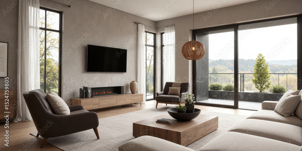 Naklejka premium Living Room Modern Interior Fireplace Modern living room interior with fireplace TV sofa armchairs