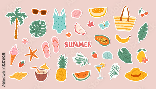 Summer vector vacation beach stickers with fruits, tropical leaves, beach elements