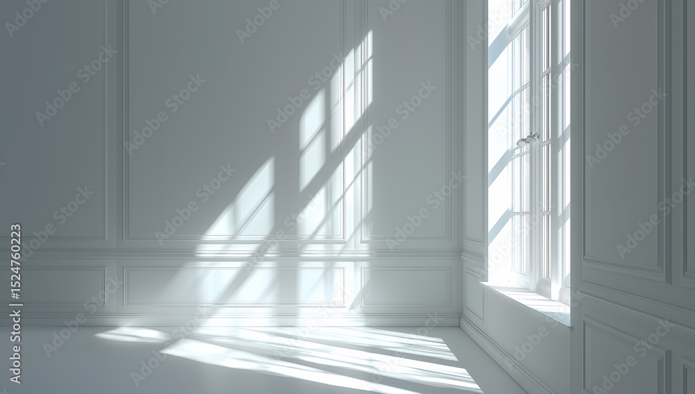Obraz premium Sunlight casting tree shadows through window in empty room, minimalist architectural light and shadow composition