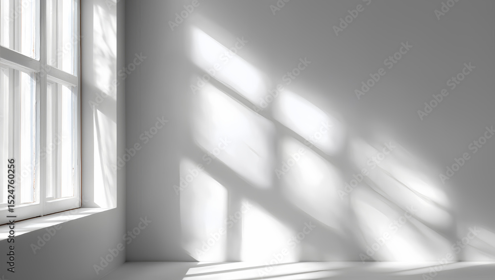 Sunlight casting tree shadows through window in empty room, minimalist architectural light and shadow composition Sunlight casting tree shadows through window in empty room, minimalist architectural light and shadow composition
