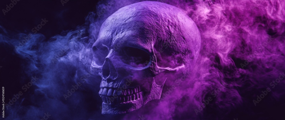 Obraz premium A detailed skull stands prominently amid swirling clouds of vibrant purple and gray smoke. The lighting creates an eerie yet captivating effect, enhancing the gothic aesthetic.