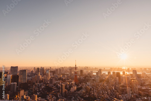 朝日を浴びる東京都心のビル群