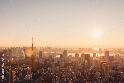 朝日を浴びる東京都心のビル群