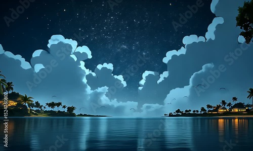 Night island scenery with clouds animation