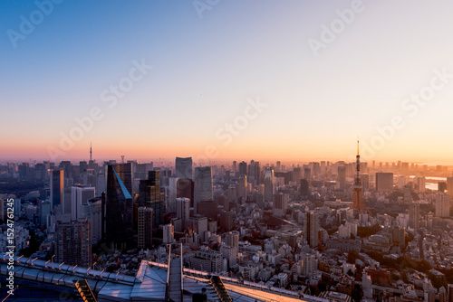 朝日を浴びる東京都心のビル群