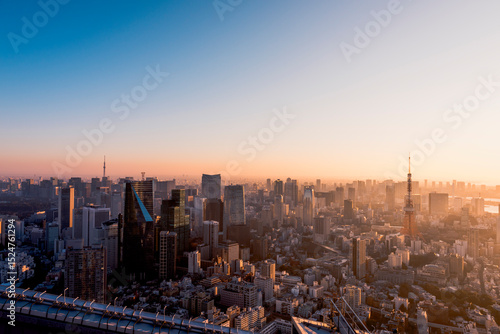 朝日を浴びる東京都心のビル群